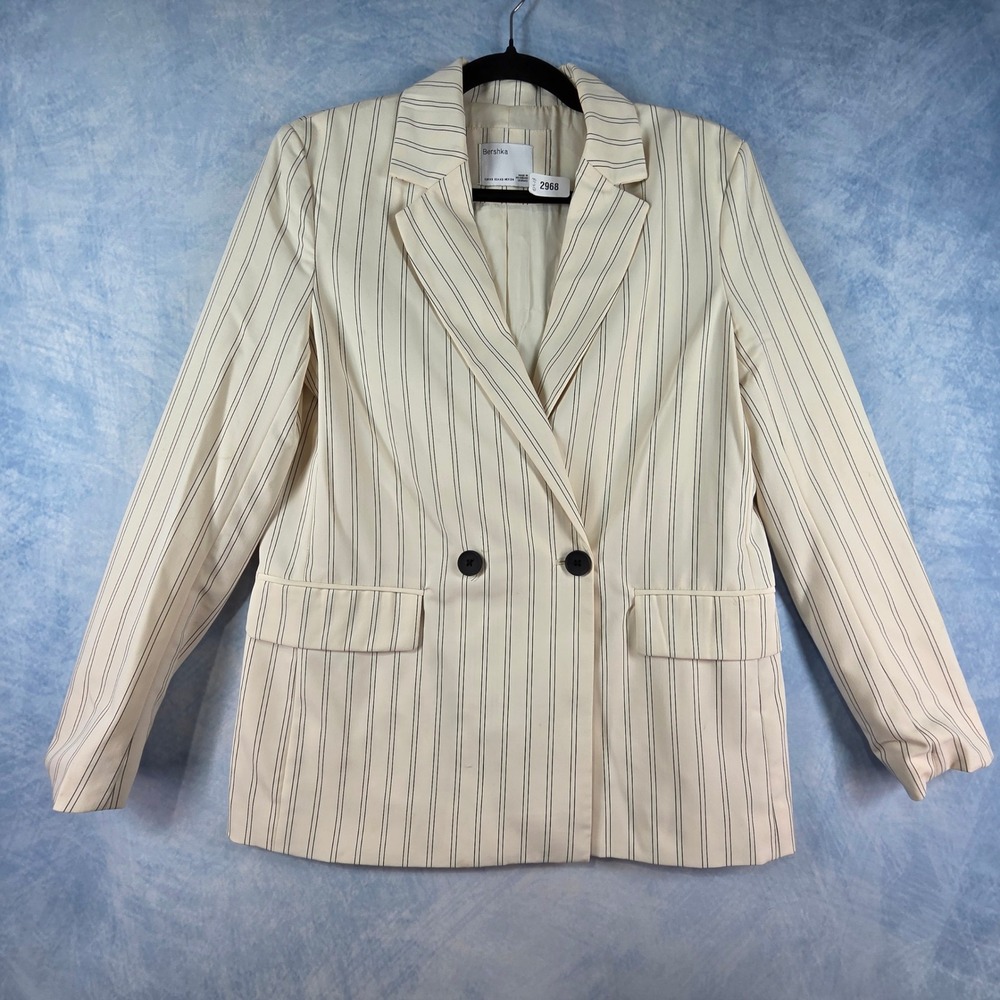 Bershka Womens Pinstripe Double Breasted Blazer Cream Black XS Striped Jacket